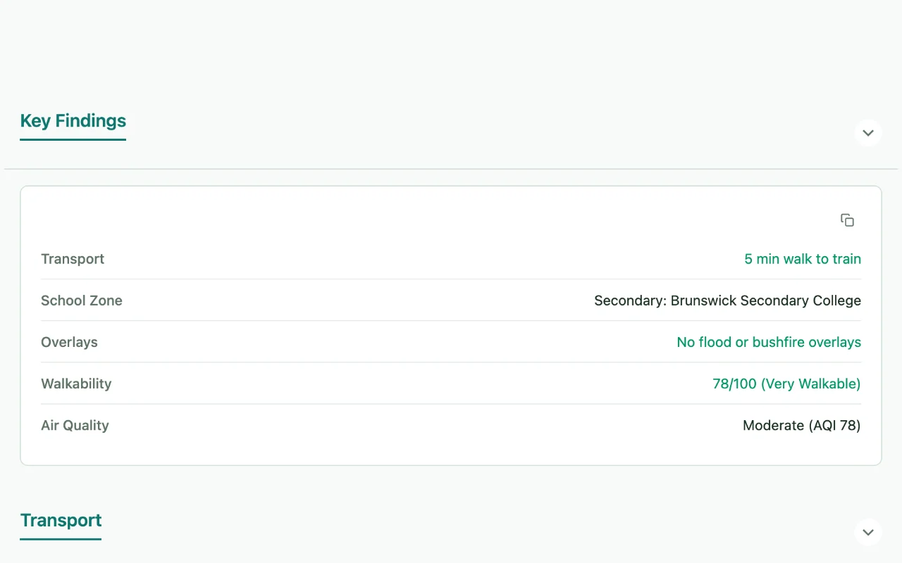 A Close Enough report for a Brunswick address, listing key findings for transport, school zone, overlays and air quality