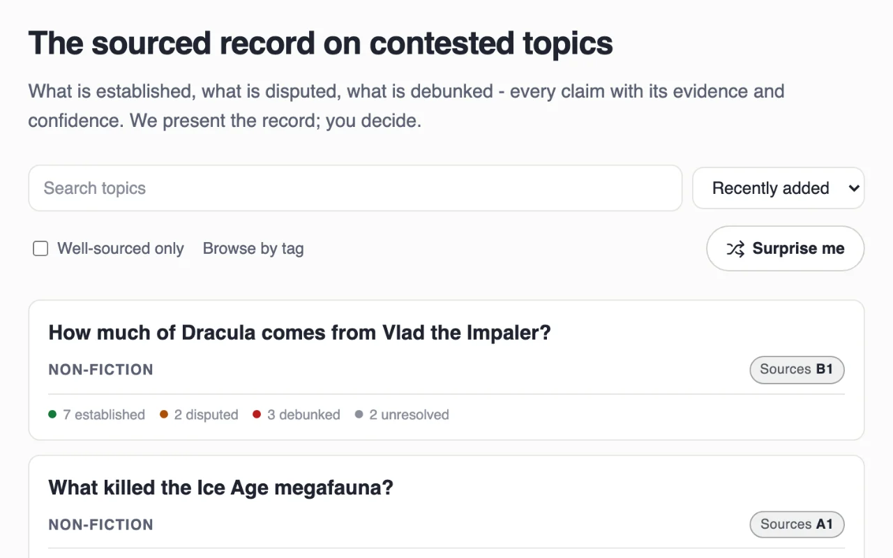 Evidiant topic list, each topic showing how many claims are established, disputed, debunked or unresolved