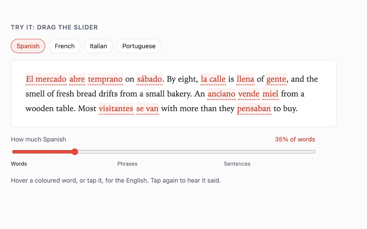A paragraph of English with a few words swapped into Spanish, and a slider for how much Spanish to show
