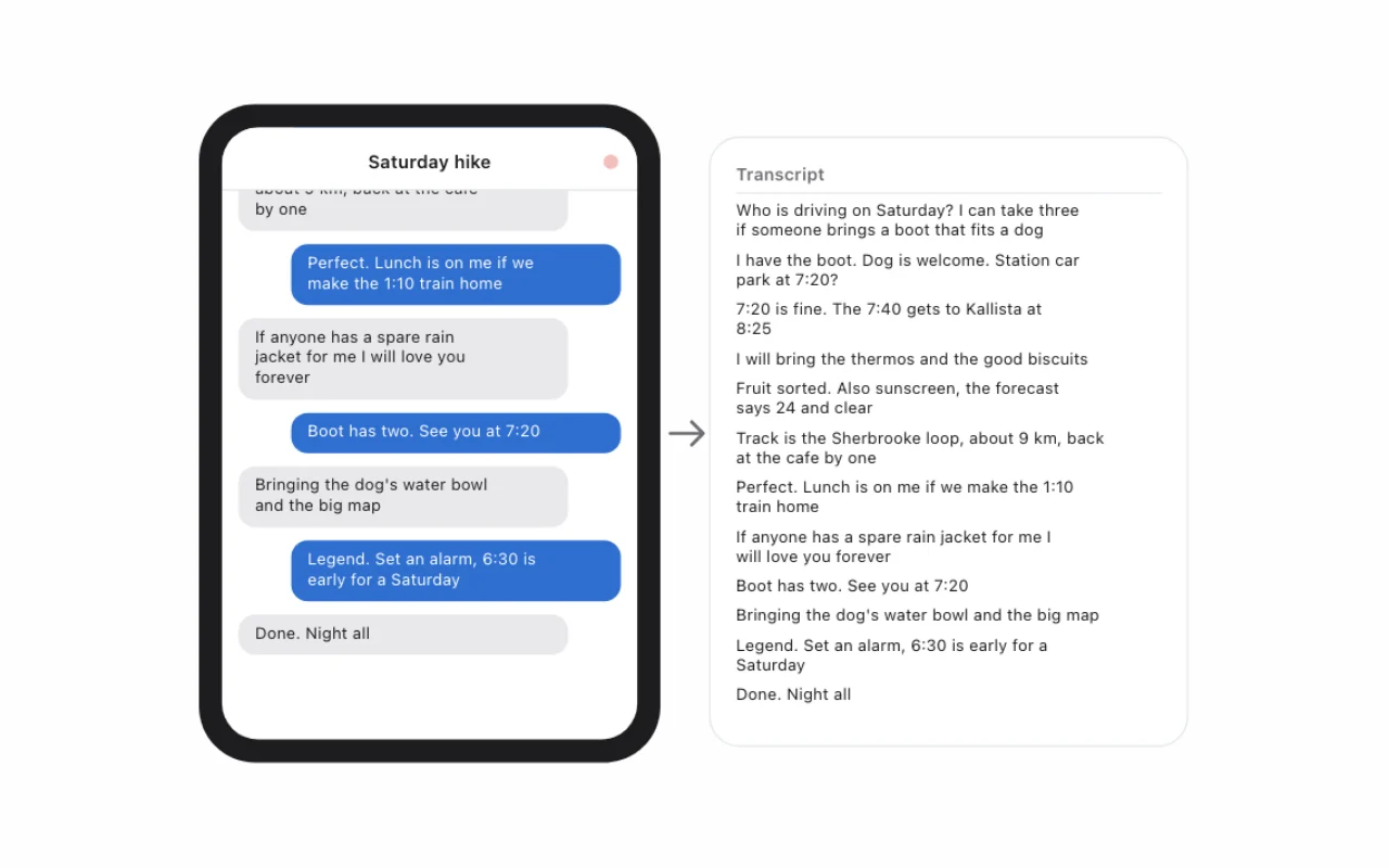 A phone showing a group chat being scrolled, and the full chat as plain text beside it